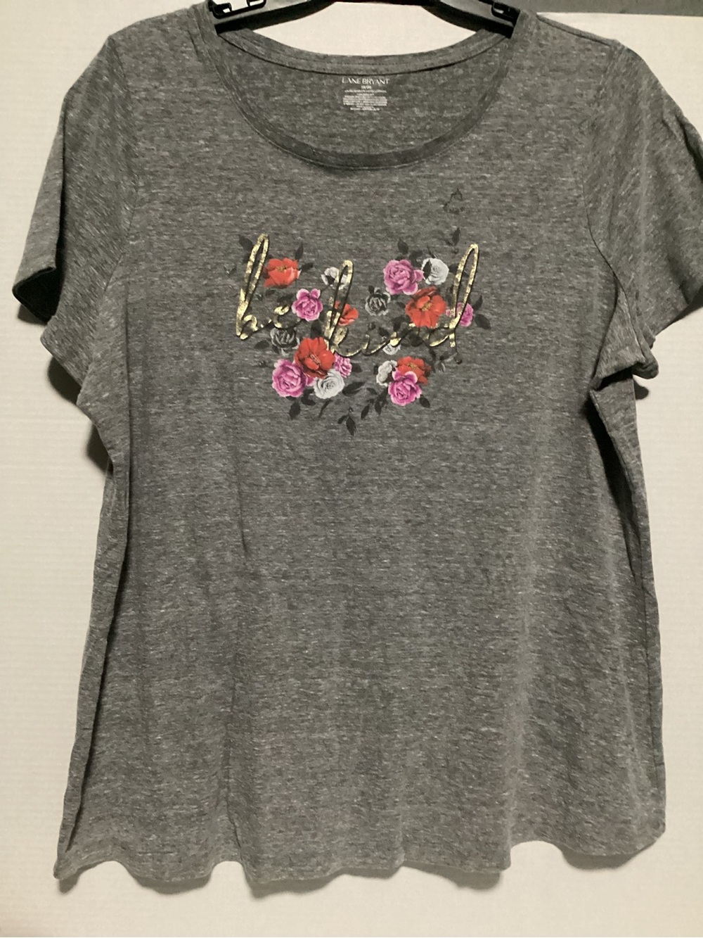 Lane Bryant Gray Short-Sleeve Tee with Gold Script and Floral Accent